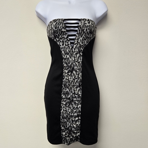 Rue21 Leopard Print Strapless Bodycon Dress Black L - Picture 1 of 7
